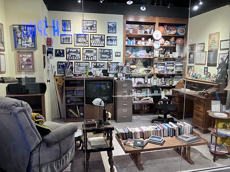 Images of John Wooden, his den, trophies, and author standing by the John Wooden monument