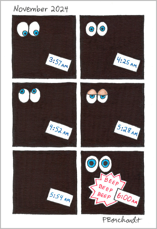 November 2024, semi-autobiographical comic (pen & colored pencil)
