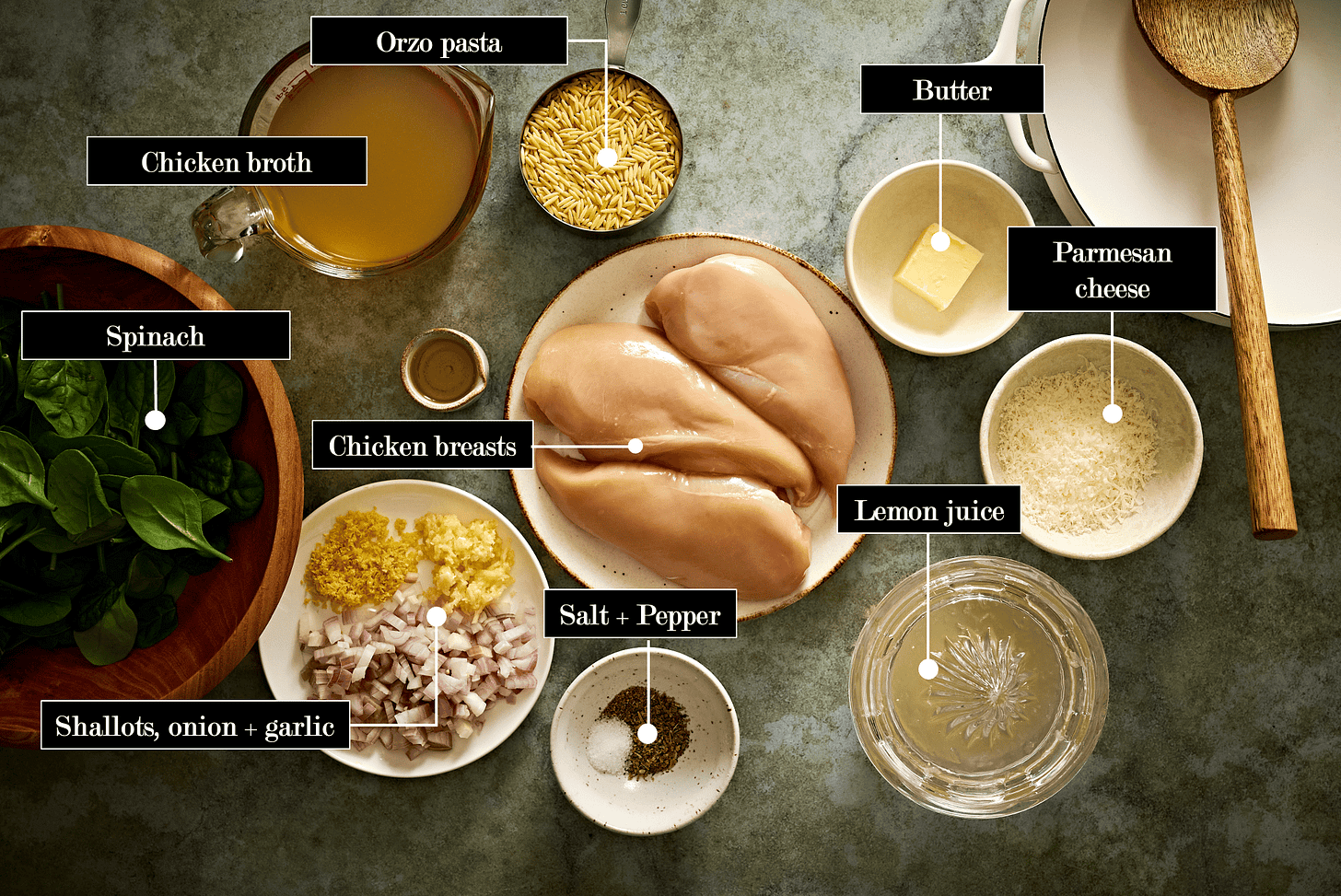 Key ingredients on a table ready to cook for a Lemon chicken orzo pasta recipe. Ingredients include orzo pasta, chicken broth, spinach, parmesan cheese, onions, garlic, shallots, and butter. 