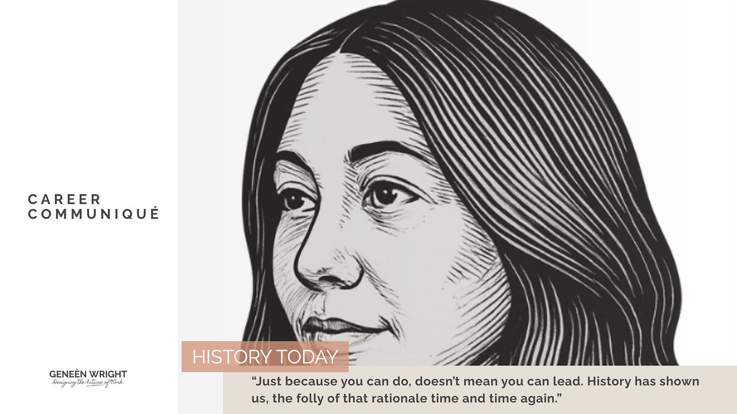 Black-and-white woodcut-style illustration of Geneèn Wright’s face, set against a desaturated gray background. Text reads “Career Communiqué” with a quote about the limits of competence versus leadership.