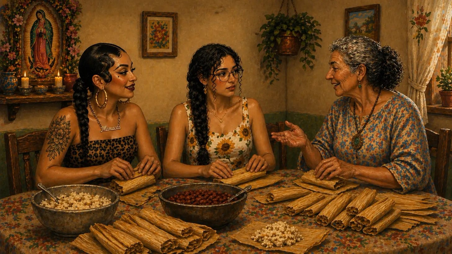 Three Mexican American women make tamales at a table; the older woman speaks while the younger woman on the left looks at her, the young woman looks uncertain. Three Mexican American women make tamales at a table; the older woman speaks while the younger woman on the left looks at her, the young woman looks uncertain.