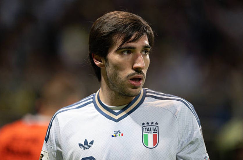 Sandro Tonali of Italy in action during the FIFA World Cup 2026 Qualifying Play-off match between Bosnia and Herzegovina and Italy at Stadion Bilino Polje on March 31, 2026, in Zenica, Bosnia and Herzegovina. (Photo by Giacomo Cosua/NurPhoto via Getty Images)