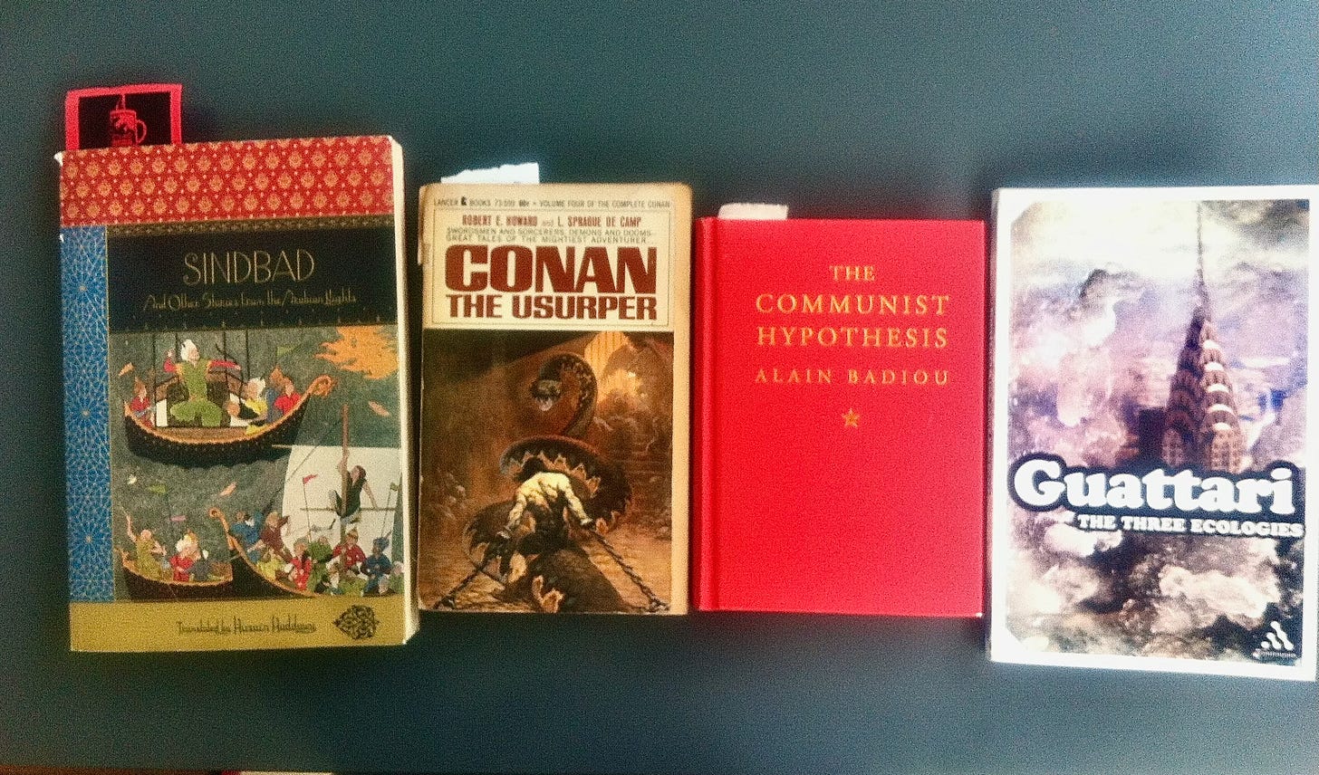 Covers of Sindbad, Canaan the Usurper, The Communist Hypothesis by Alain Badiou, and Guattari's The Three Ecologies