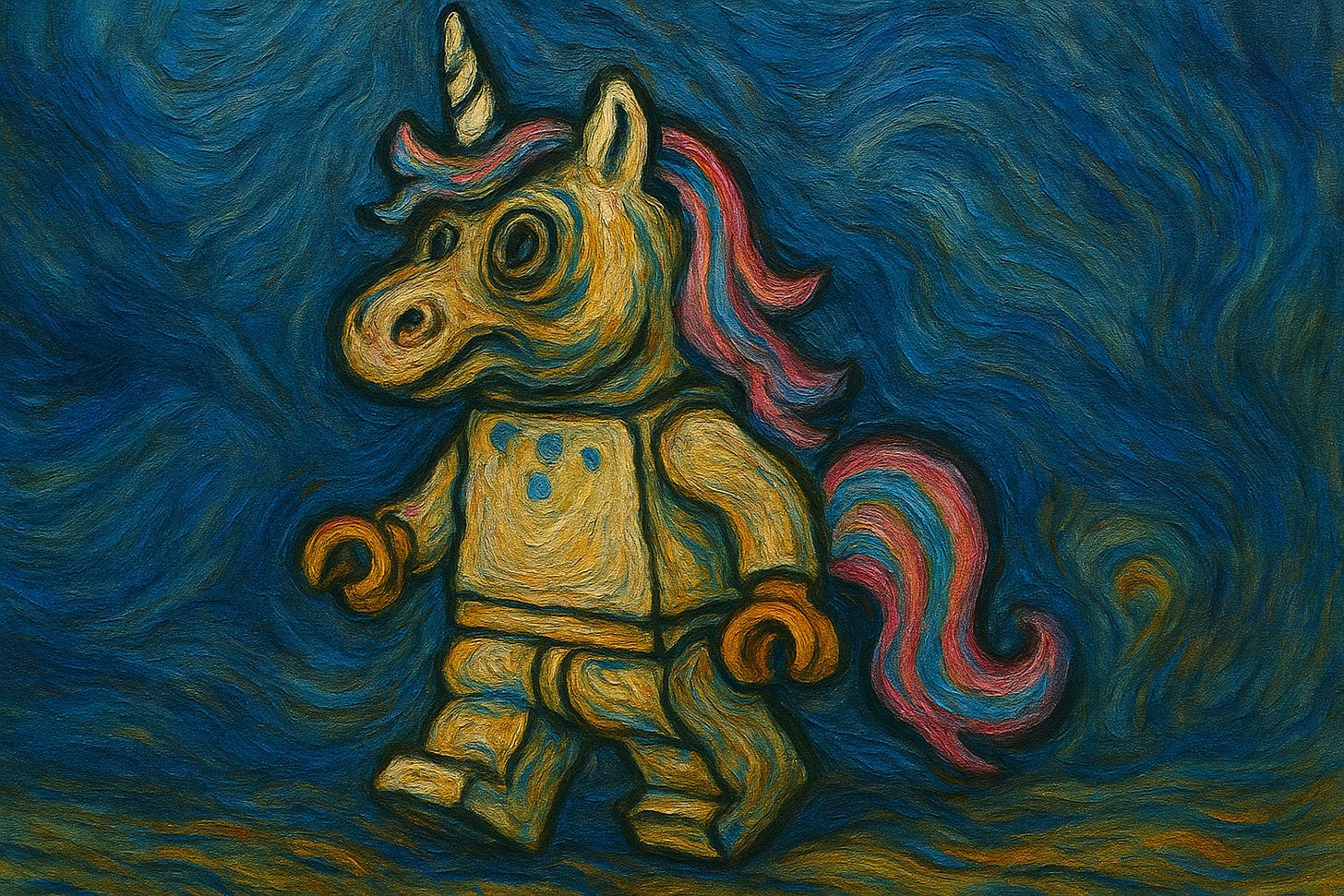 Expressionist oil painting of a Lego-style unicorn figure with a pastel pink, blue, and purple mane and tail. The unicorn’s body and horn are rendered in thick, swirling strokes of cream and gold, with exaggerated dark outlines. The background is a turbulent sea of deep blues and greens, giving the cheerful figure an uncanny, nightmarish presence. Expressionist oil painting of a Lego-style unicorn figure with a pastel pink, blue, and purple mane and tail. The unicorn’s body and horn are rendered in thick, swirling strokes of cream and gold, with exaggerated dark outlines. The background is a turbulent sea of deep blues and greens, giving the cheerful figure an uncanny, nightmarish presence.