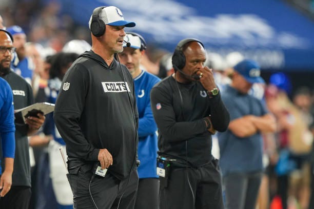 Defensive coordinator Gus Bradley of the Indianapolis Colts stands on the sidelines during an NFL preseason football game against the Denver Broncos...