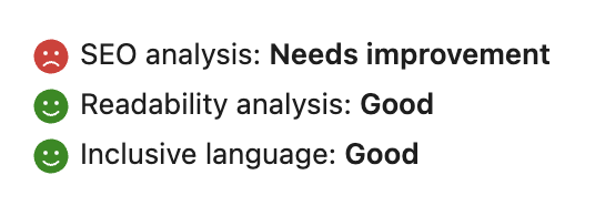 A red frowning emoji labeled "SEO analysis: Needs improvement," a green smiling emoji labeled "Readability analysis: Good," and a green smiling emoji labeled "Inclusive language: Good"