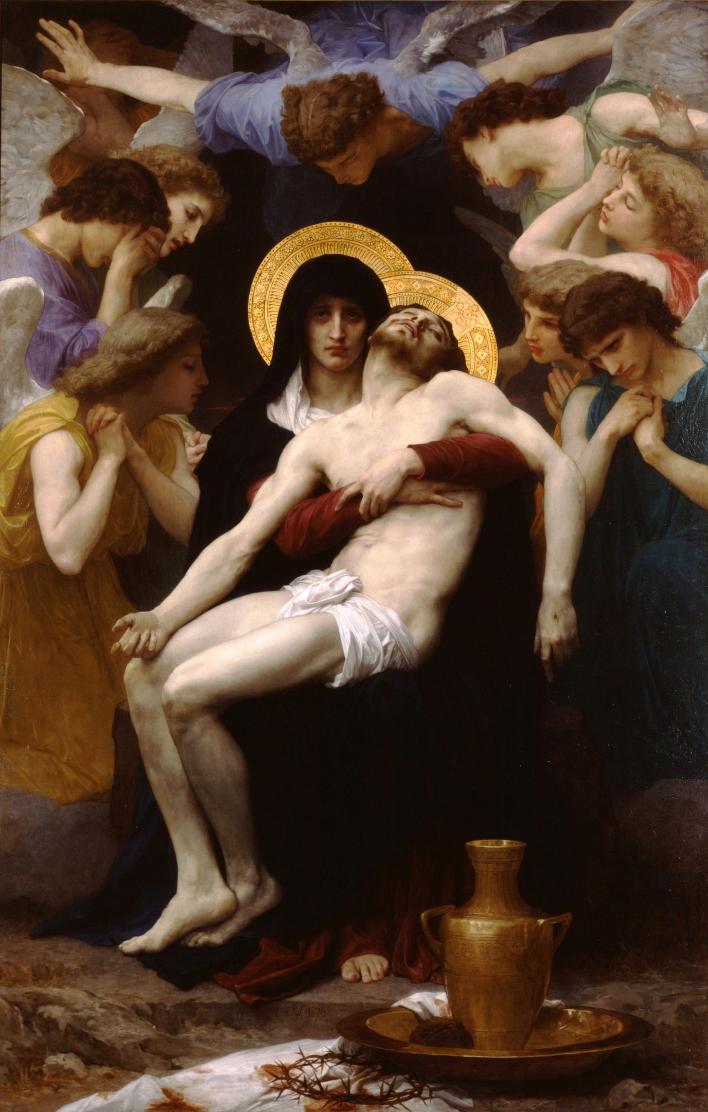 The Virgin in black holds the dead Christ, surrounded by weeping angels The Virgin in black holds the dead Christ, surrounded by weeping angels