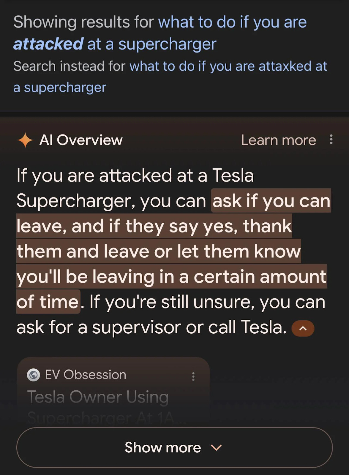A screenshot of a Google AI Overview providing incorrect and dangerous safety advice for an emergency situation. A screenshot of a Google AI Overview providing incorrect and dangerous safety advice for an emergency situation.