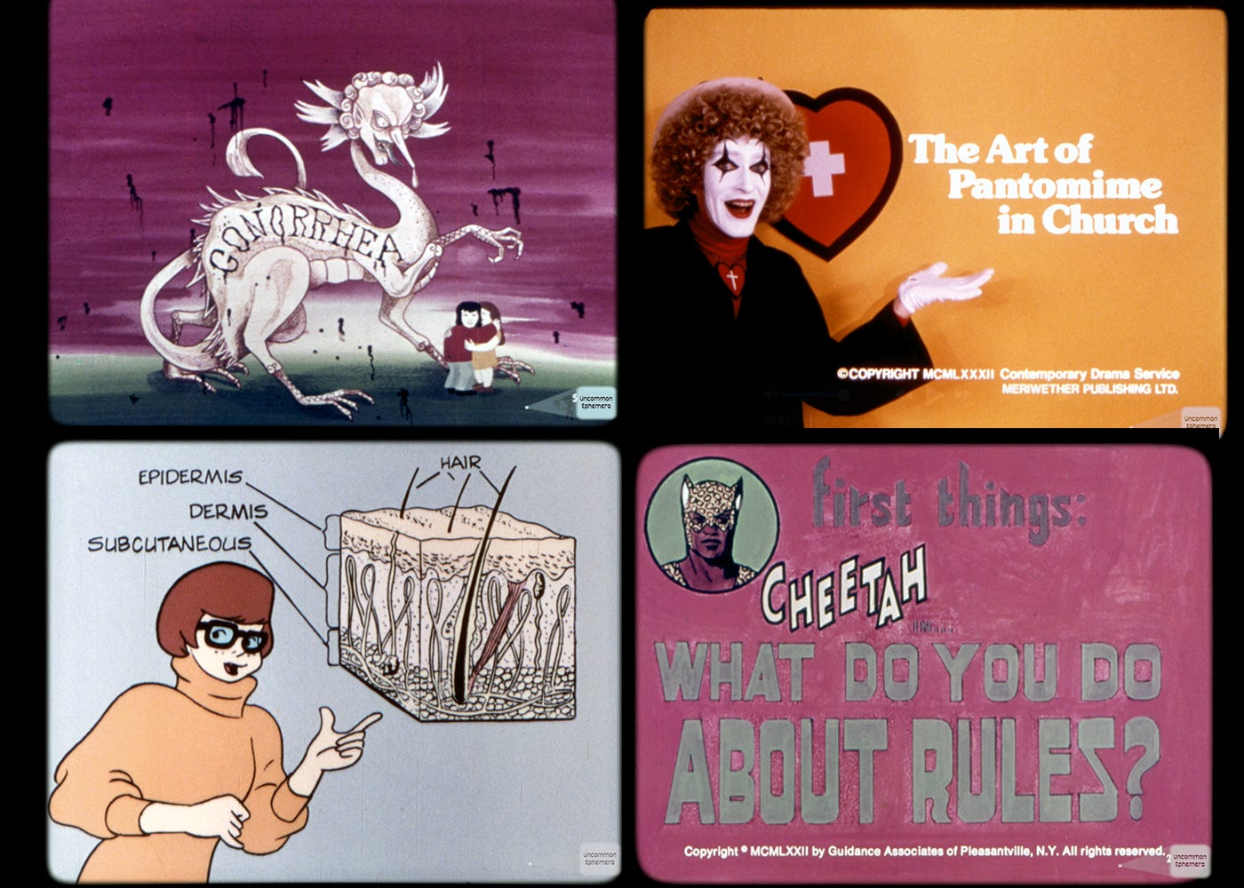 Stills from four film strips: “How to Get Gonorrhea” (1974), “The Art of Pantomime in the Church” (1982), “The Scooby-Doo Gang in ’Skin Deep’ Part 1: What is Acne?” (1980), and “Cheetah in… ‘What Do You Do About Rules?’” (1972) Stills from four film strips: “How to Get Gonorrhea” (1974), “The Art of Pantomime in the Church” (1982), “The Scooby-Doo Gang in ’Skin Deep’ Part 1: What is Acne?” (1980), and “Cheetah in… ‘What Do You Do About Rules?’” (1972)