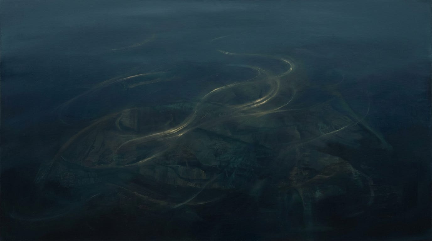 An aerial view of dark water with swirling golden-amber currents visible beneath the surface, forming organic flowing patterns. The movement is deep and continuous rather than turbulent. AI-generated illustration.