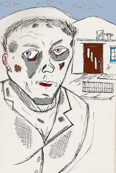 drawing of a man in front of his house, crying