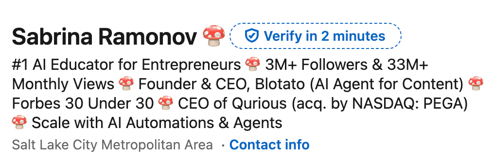Sabrina Ramonov’s LinkedIn headline leading with “#1 AI Educator for Entrepreneurs” followed by proof points