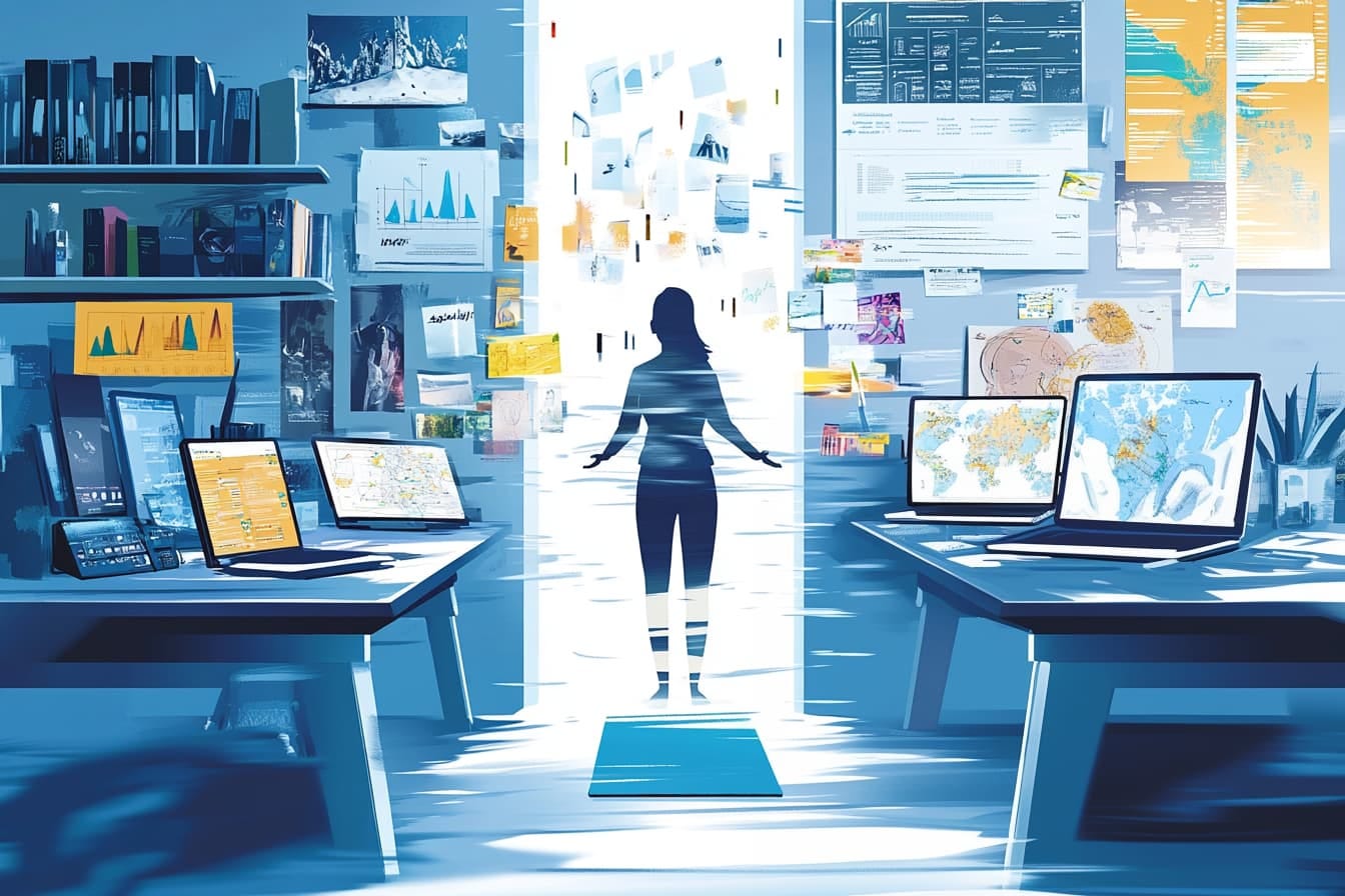 graphic novel illustration of a woman standing in a doorway at work, surrounded by desks with computers