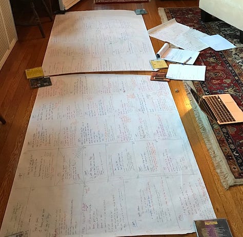 Index cards with writing on them, arranged on a hardwood floor with a mug of tea that reads "Book Nerd." Two large piece of white butcher paper with a color-coded outline, on the floor with other pages and a laptop. A piece of white butcher paper covered in writing, unfolded on a table.