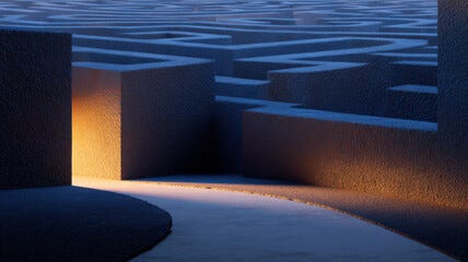 Blocked maze beside simple open path, symbol of clarity through experience