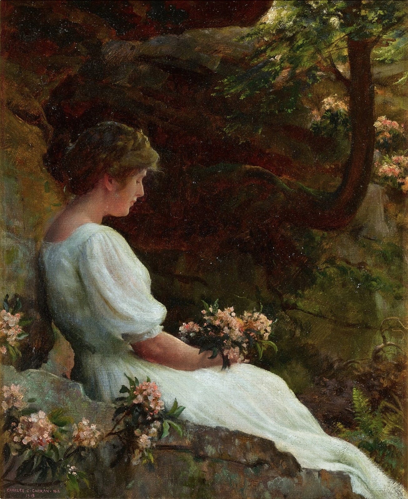 Oilpainting of a young woman sitting whistfully holding a bunch of flowers