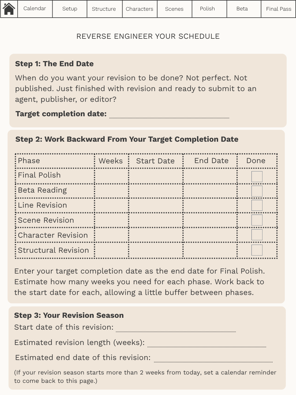 A sample page from The Revision Planner for Writers on reverse engineering your revision schedule.