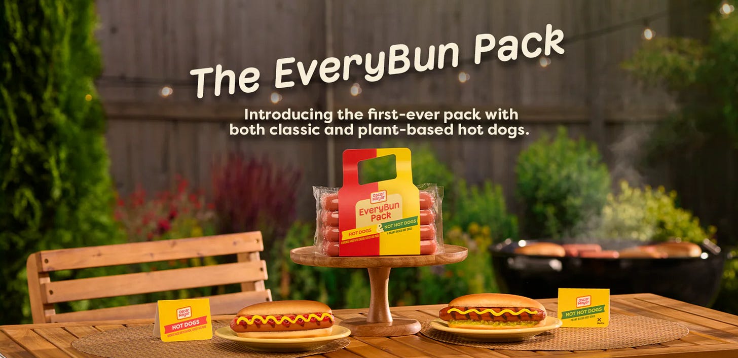 Ad for "The Everybun Pack" which holds 8 hot dogs, 4 meat and 4 veggie