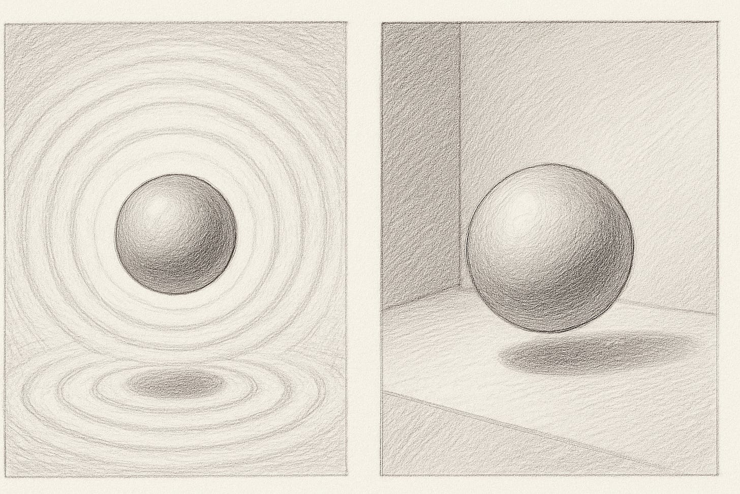 Two pencil sketches of a floating sphere. On the left, the sphere emits concentric wave rings; on the right, it floats inside a cubic room with walls and a shadow on the floor.