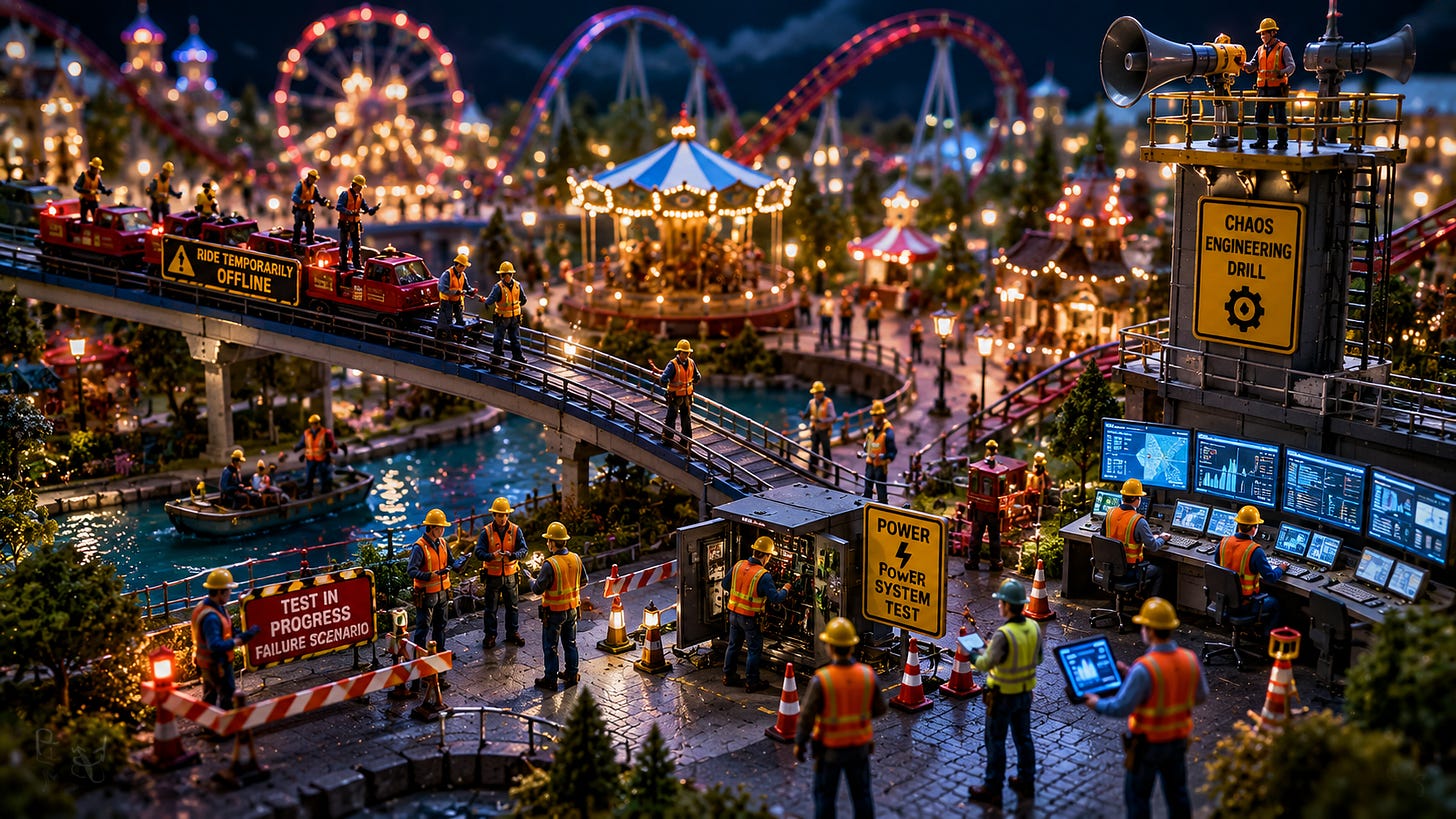 Tiny engineers test failures in a miniature theme park while keeping attractions running safely. Tiny engineers test failures in a miniature theme park while keeping attractions running safely.