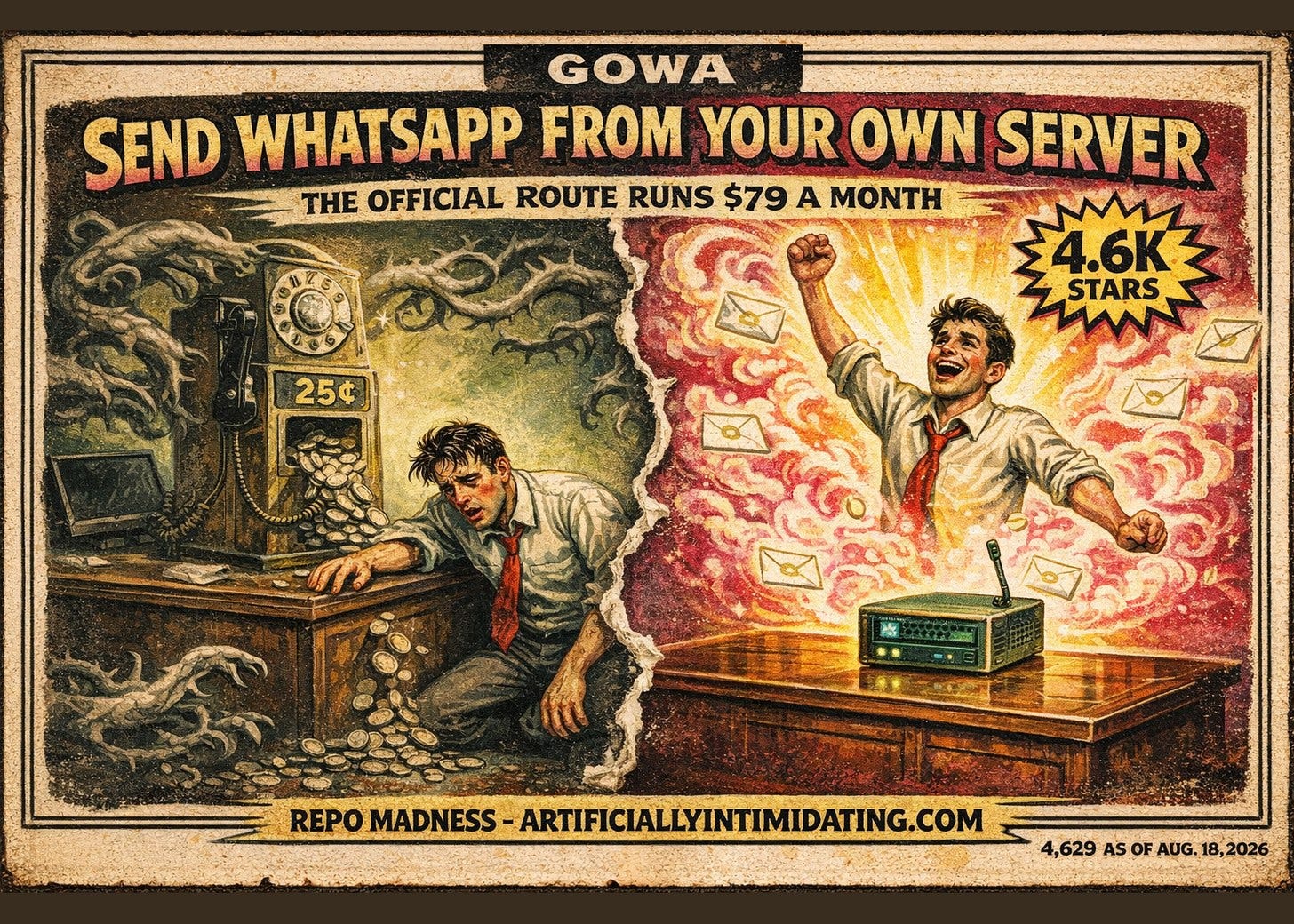 A painted 1930s-style poster torn down the middle. Left: a worker on the floor beside a coin-operated telephone box spilling a stream of coins. Right: the same man with a fist raised over a small green server box with one bent antenna, envelopes flying. Nameplate reads GOWA. A painted 1930s-style poster torn down the middle. Left: a worker on the floor beside a coin-operated telephone box spilling a stream of coins. Right: the same man with a fist raised over a small green server box with one bent antenna, envelopes flying. Nameplate reads GOWA.