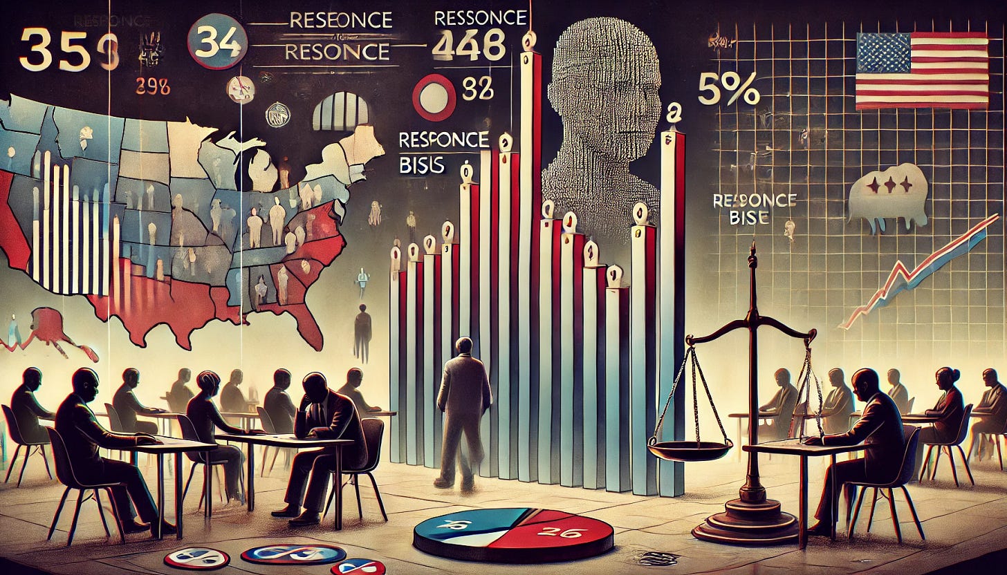 A conceptual digital illustration representing polling errors in elections. The image features a large, distorted bar graph with misaligned data points, illustrating flawed modeling. A group of people are shown responding to a survey, but some are fading or missing, symbolizing response bias. Scales and weights appear unbalanced, representing flawed weighting techniques. In the background, a political map with unexpected results highlights the consequences of these errors. The overall color scheme is a mix of dark and muted tones to convey misinformation and uncertainty.