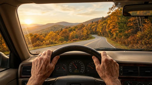 Older hands on a steering wheel, looking out the windshield toward mountains