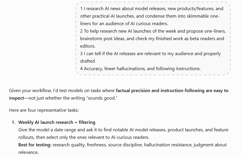 ChatGPT suggests weekly AI launch research and filtering as a test of factual precision and instruction following. ChatGPT suggests weekly AI launch research and filtering as a test of factual precision and instruction following.