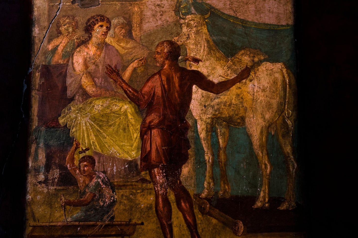 Pompeii, Italy Roman domus house of Vettii fresco painting. North wall triclinium mythological scene depicting Daedalus and Pasiphae. Remains after Mount Vesuvius volcanic eruption in 79 AD. Pompeii, Italy Roman domus house of Vettii fresco painting. North wall triclinium mythological scene depicting Daedalus and Pasiphae. Remains after Mount Vesuvius volcanic eruption in 79 AD.