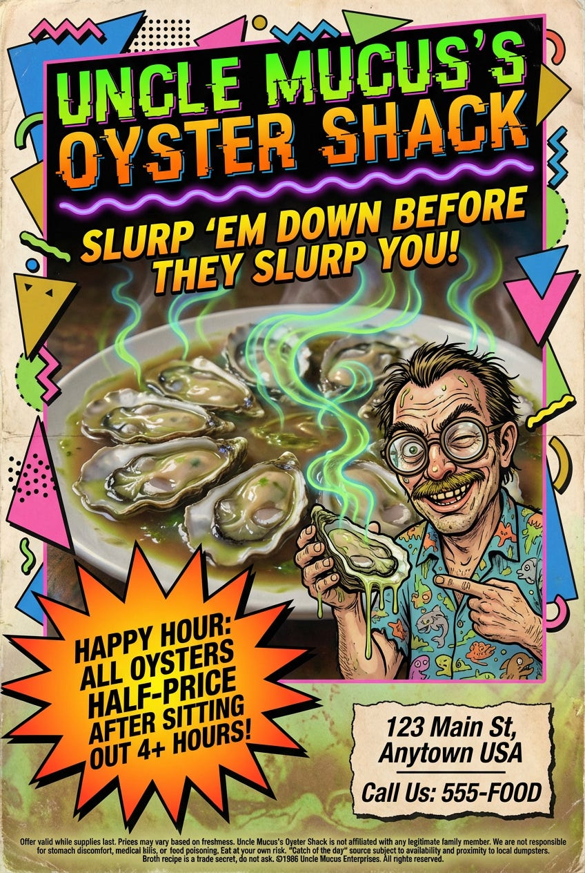 Create a detailed authentic-looking 1980s magazine print advertisement for a fake restaurant called Uncle Mucuss Oyster ShackVISUAL STYLE Classic 80s magazine ad aesthetic with bright colors geometric shapes bold typography and retro design _image_1