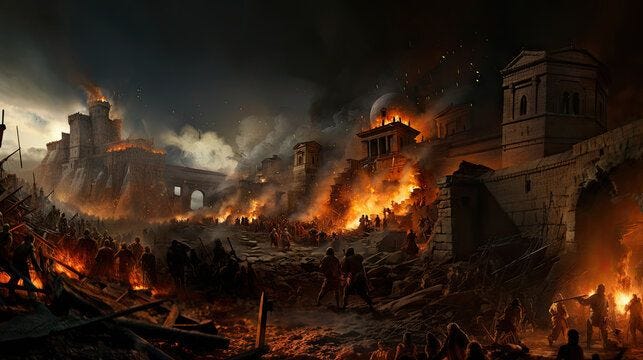 Ruins of the old city at night. Fight of Second Punic War. Ερείπια της παλιάς πόλης τη νύχτα. Μάχη του Δεύτερου Καρχηδονιακού Πολέμου.