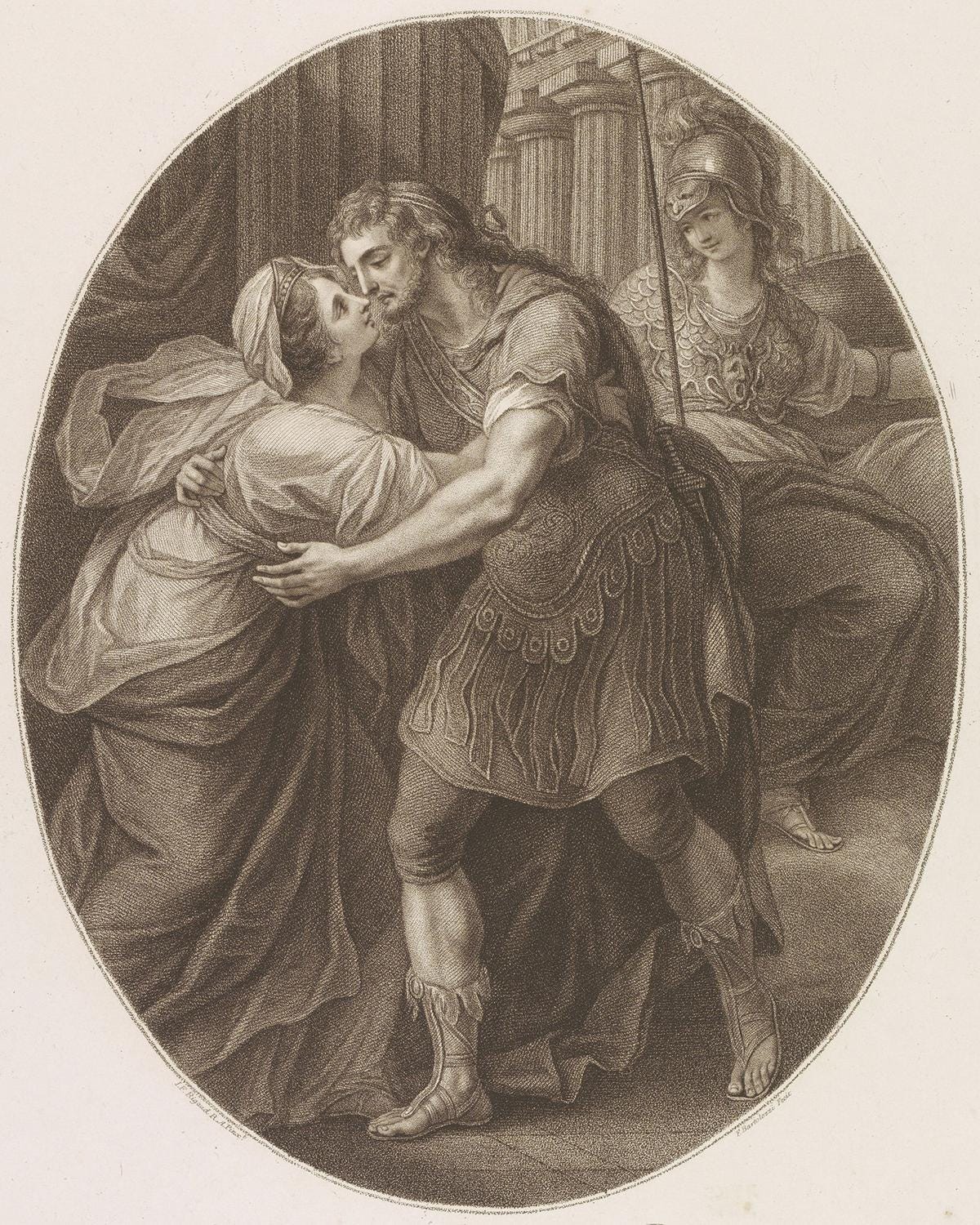 "The meeting of Ulysses and Penelope," 1788, by Francesco Bartolozzi, after John Francis Rigaud. Etching and dotted engraving on paper. Rijksmuseum, Amsterdam. (Public Domain)