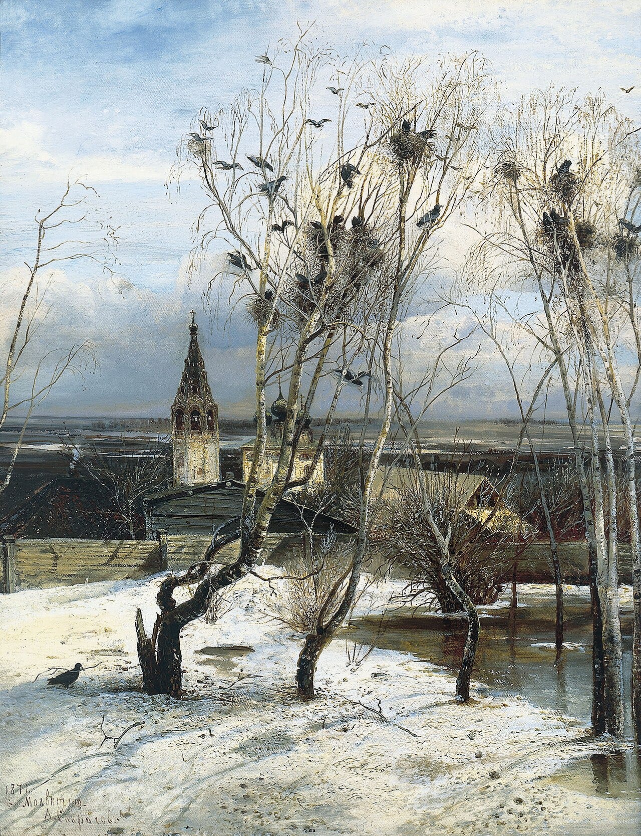 Bare birches full of returning rooks over melting snow beside an old wooden church Bare birches full of returning rooks over melting snow beside an old wooden church