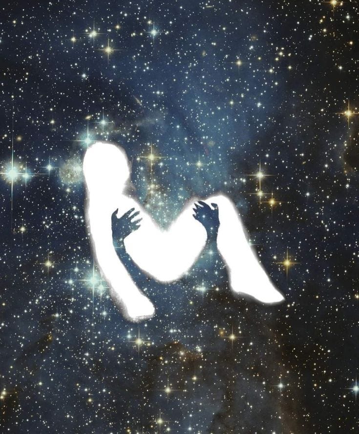 This may contain: the silhouette of a person in space with stars