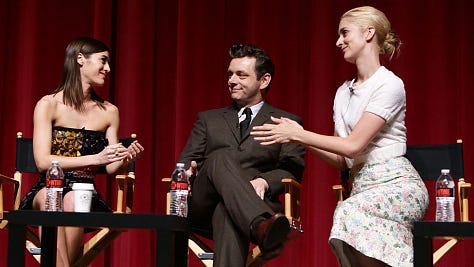 Michael Sheen with Lizzy Caplan, Tina Fey, and Sarah Silverman, respectively
