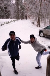 Striking our best running pose in the midst of a Canadian winter