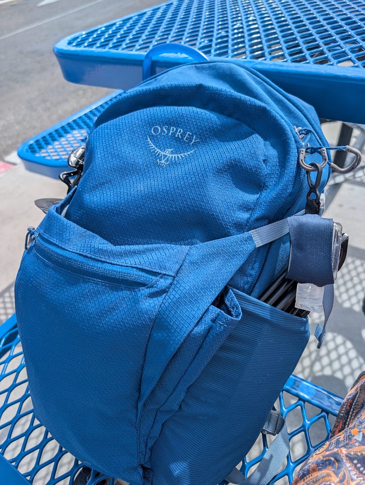 Two pictures. One of a blue Osprey-brand backpack sitting on a bench and one of author Rosa Linda Román wearing the backpack.