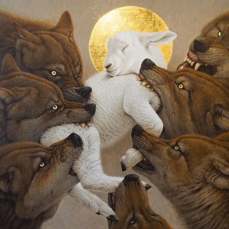 This may contain: a group of wolfs with their mouths open in front of a full moon painting