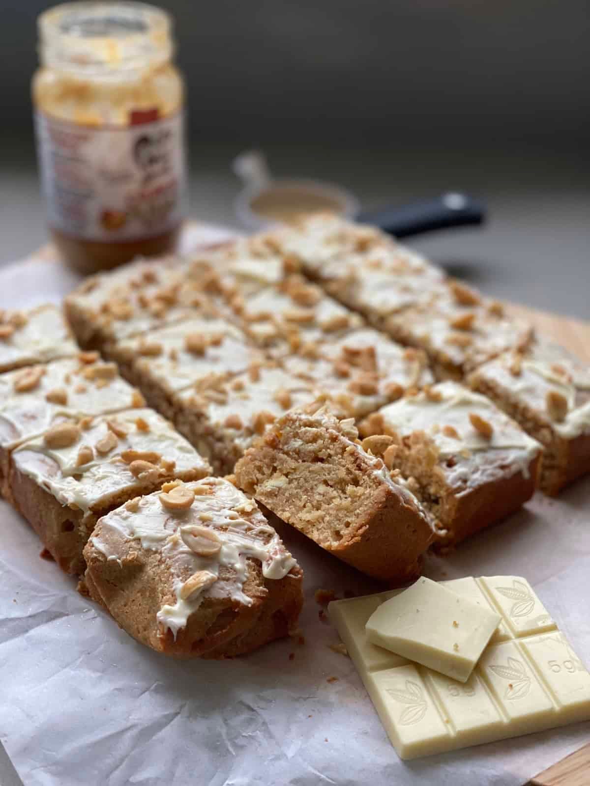 Peanut Butter and White Chocolate Blondies cut into slices. Peanut Butter and White Chocolate Blondies cut into slices.