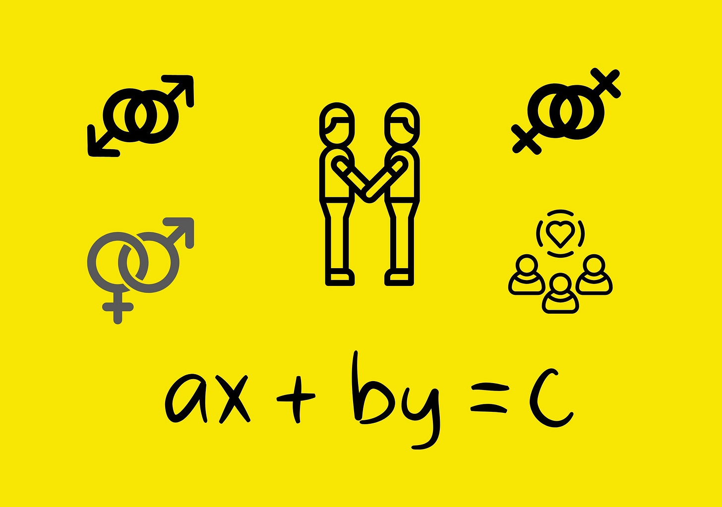 Symbols representing opposite and same sex connections as well as polyamorous along with an equation formula.