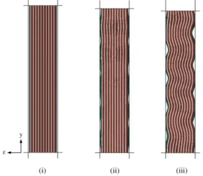 Schematic of internal deformation in a wound pouch cell under constant-gap clamping — wrinkle and curl formation