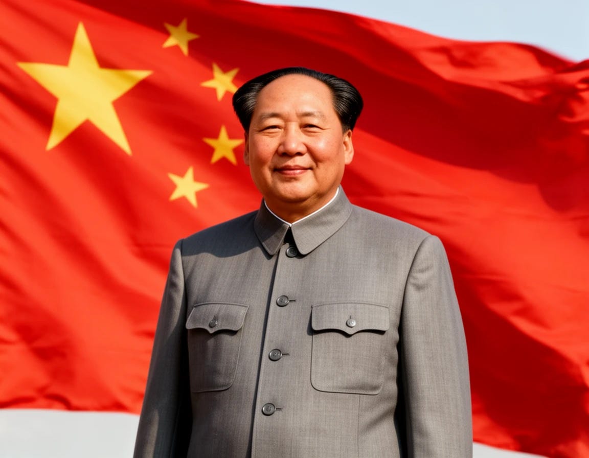 Mao Zedong proudly smiling with Chinese flag in the background