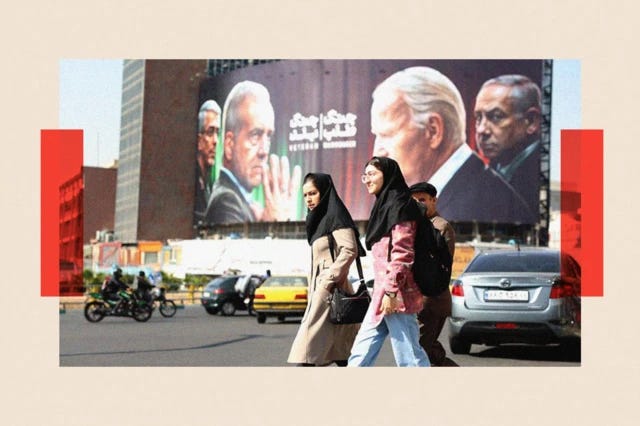 A billboard at a traffic intersection in Tehran shows the Iranian president and a Revolutionary Guards leader opposite Biden and Netanyahu. Three people walk in front of the billboard A billboard at a traffic intersection in Tehran shows the Iranian president and a Revolutionary Guards leader opposite Biden and Netanyahu. Three people walk in front of the billboard
