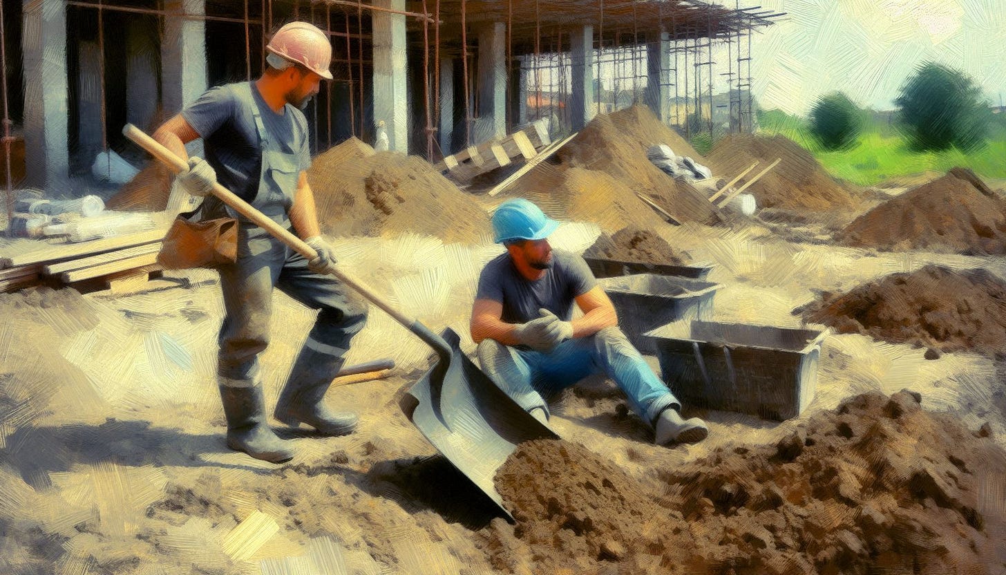 Two men are working construction on a construction site. One of them is actively shoveling a large shovel-full of dirt. The other is leaning on his shovel and resting. Slight impressionist style. Two men are working construction on a construction site. One of them is actively shoveling a large shovel-full of dirt. The other is leaning on his shovel and resting. Slight impressionist style.