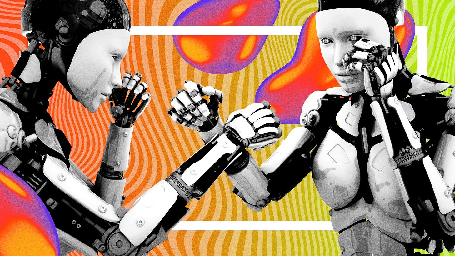 Illustration of two white and black humanoid robots facing each other, posed as if arm wrestling, against an orange and green wavy patterned background with floating red and purple blobs.