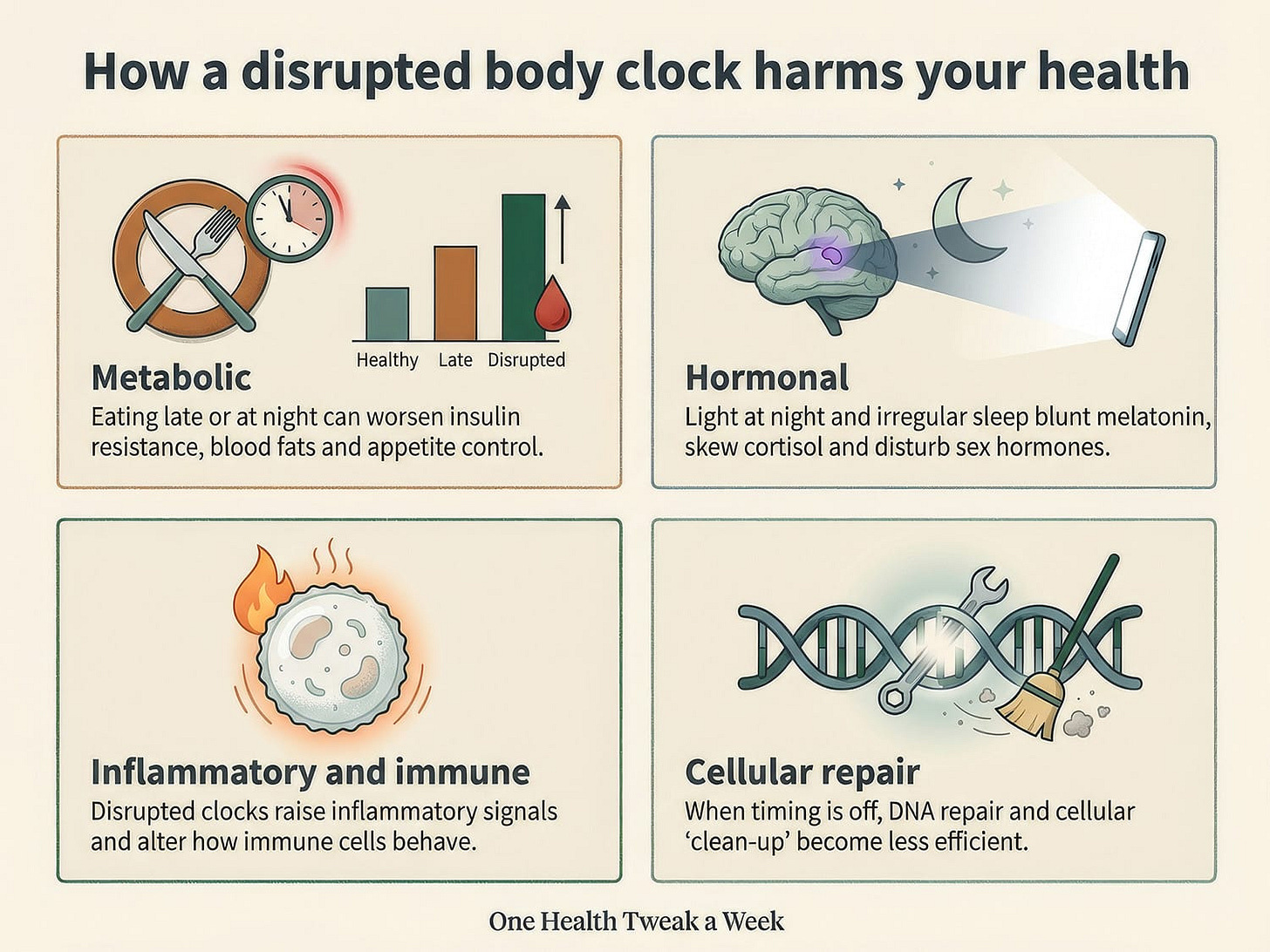 An infographic explaining how a disrupted body clock can harm the body.