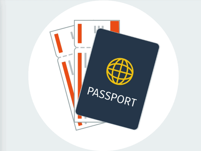 This may contain: a passport sitting on top of four orange and white striped folders with the word passport printed on it