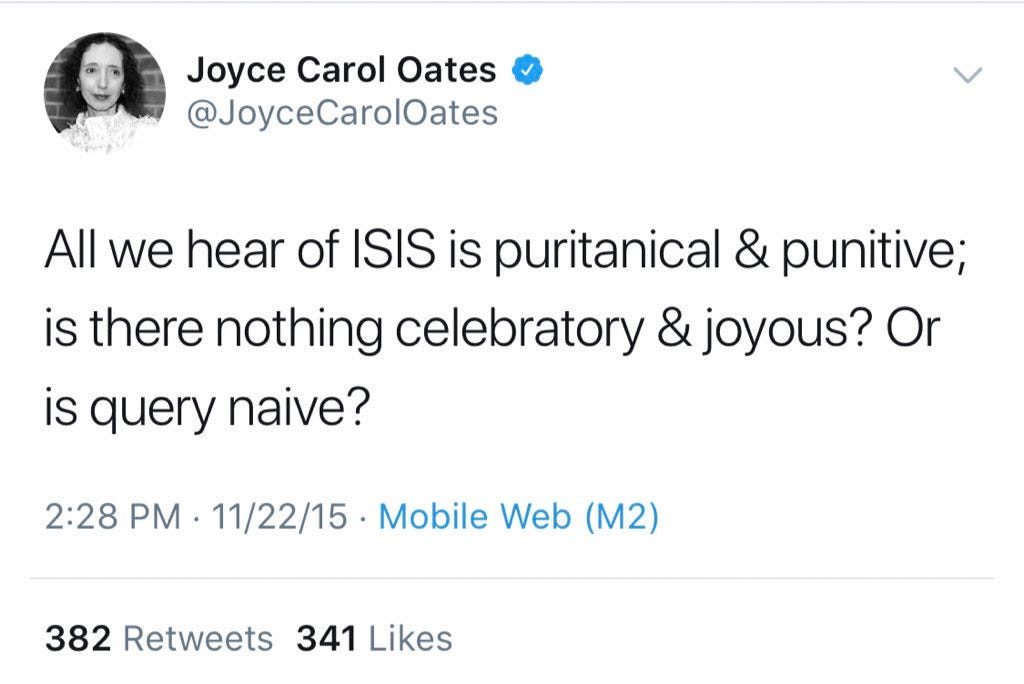 Joyce Carol Oates's bad Veep take us reminding me of her absolutely legendary ISIS take that is not invoked nearly enough Joyce Carol Oates's bad Veep take us reminding me of her absolutely legendary ISIS take that is not invoked nearly enough