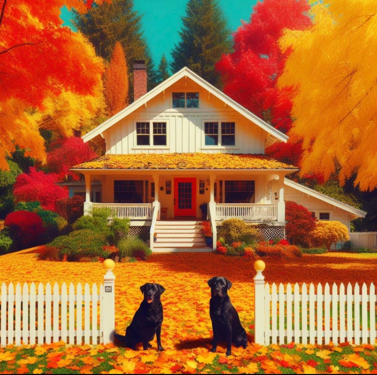 Two black labs sitting in front of white picket fence, two-story mid-century white house surrounded by colorful trees and leaves that are yellow, orange, red, and purple