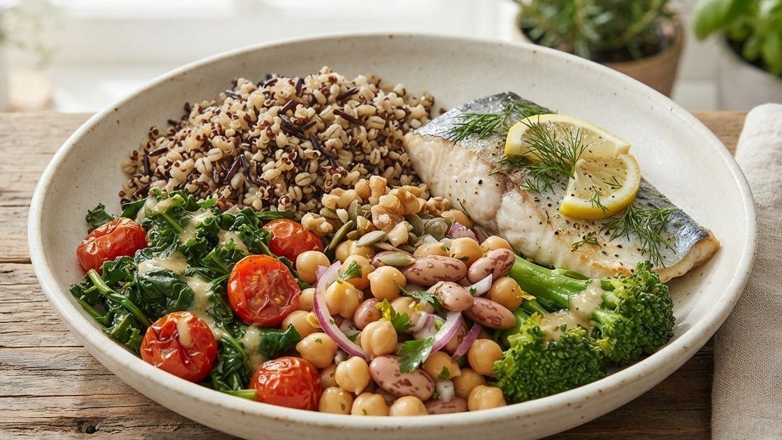 Piatto sano con legumi, pesce azzurro e cereali integrali per la prevenzione della sarcopenia e la longevità attiva Piatto sano con legumi, pesce azzurro e cereali integrali per la prevenzione della sarcopenia e la longevità attiva